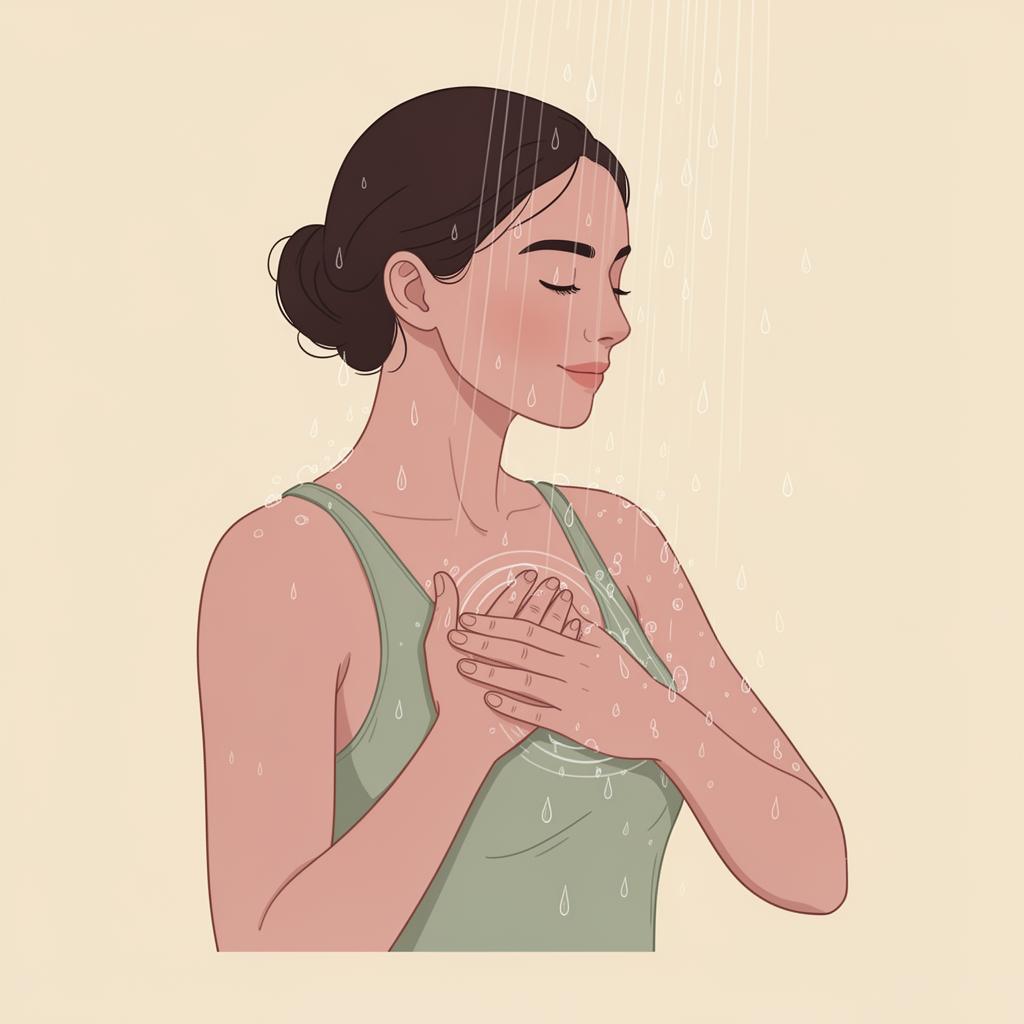Illustration of a woman gently feeling her breast tissue in the shower