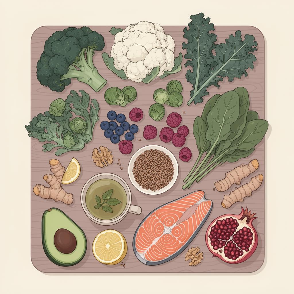 Illustration of colorful whole foods including greens, berries, salmon, seeds, and ginger