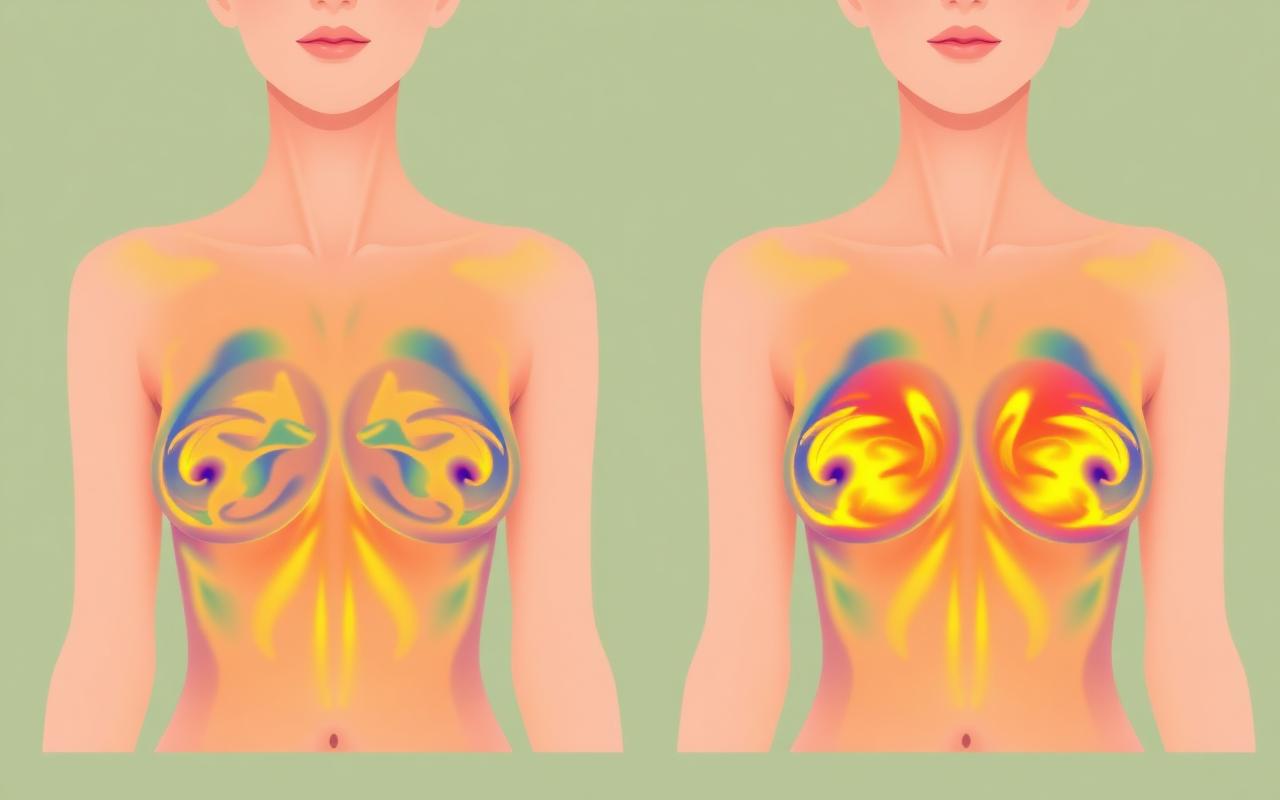 Illustration of two breast thermal scan views with different color patterns