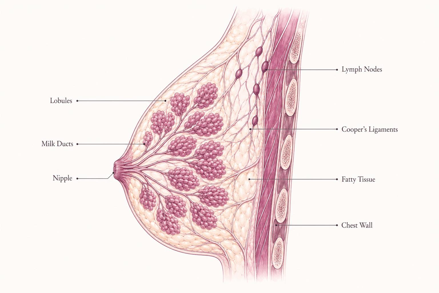 Cross-section illustration of breast anatomy with labeled tissue structures