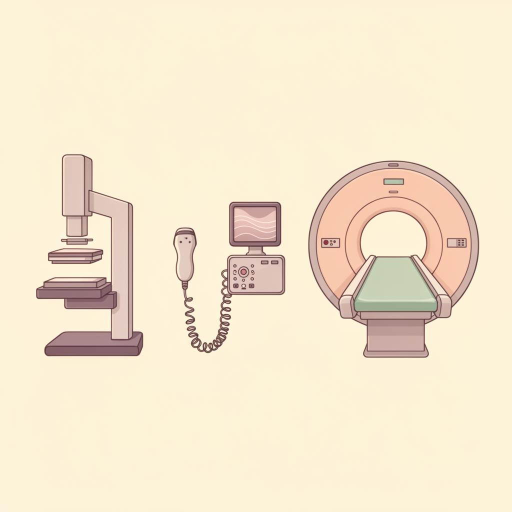 Illustration of mammography, ultrasound, and breast imaging equipment