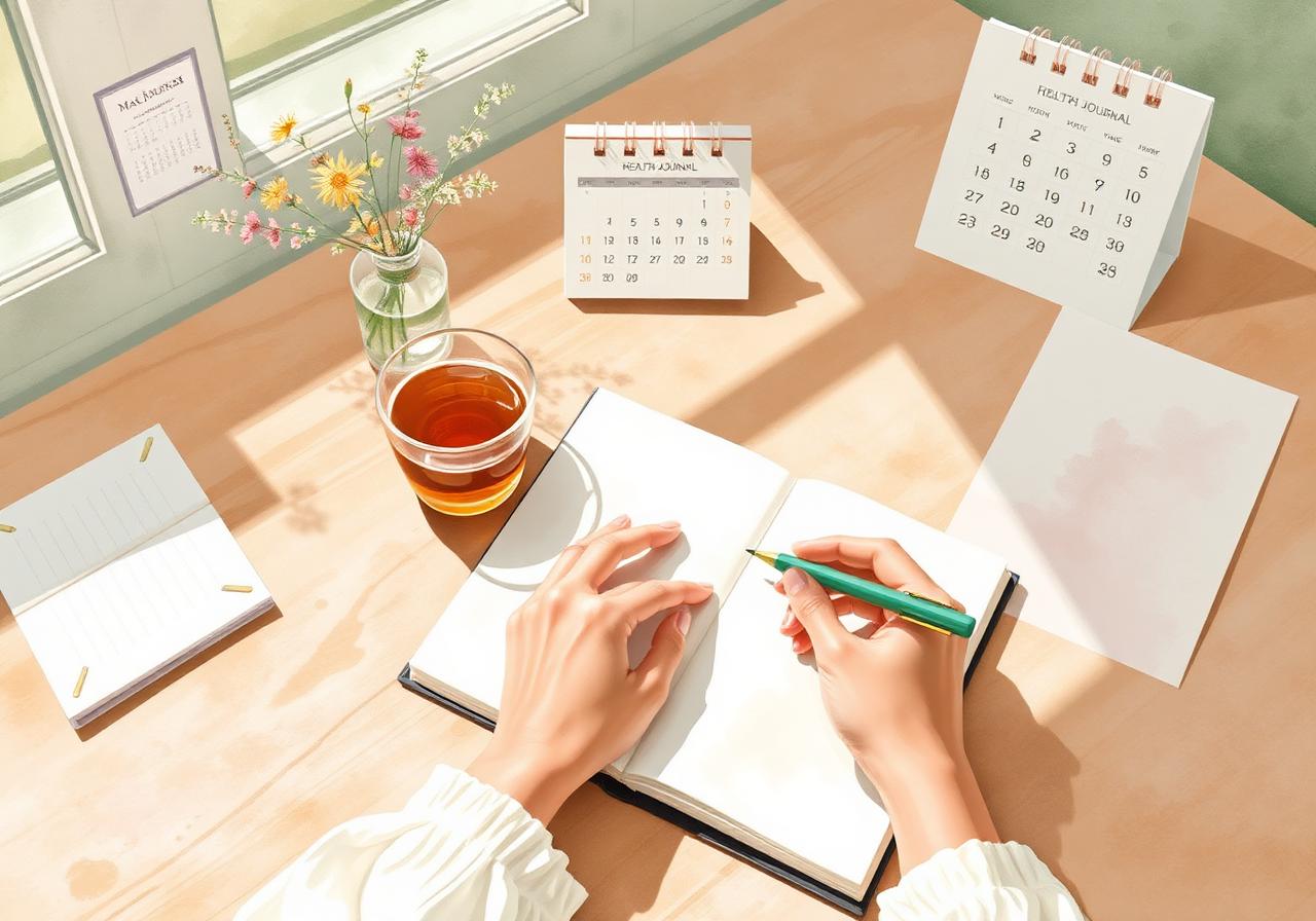 Illustration of a woman writing in a health journal beside cycle calendars
