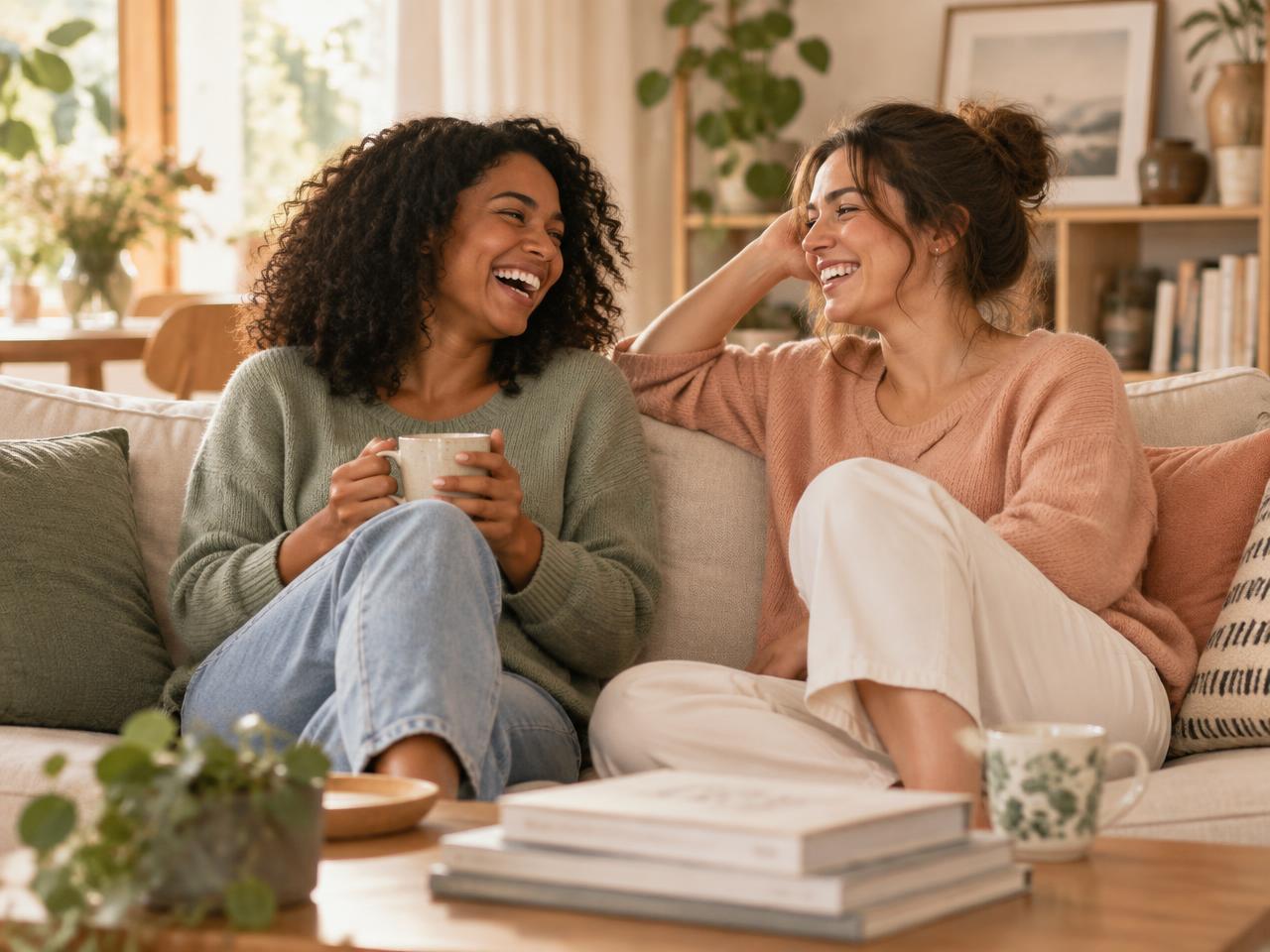Two friends talking on a sofa
